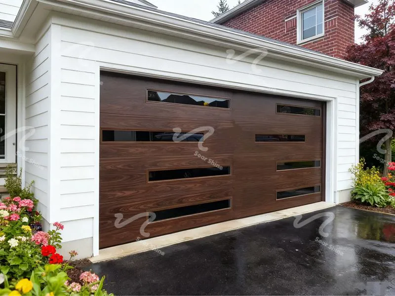 Puerta de garaje minimalista de veta de madera plana