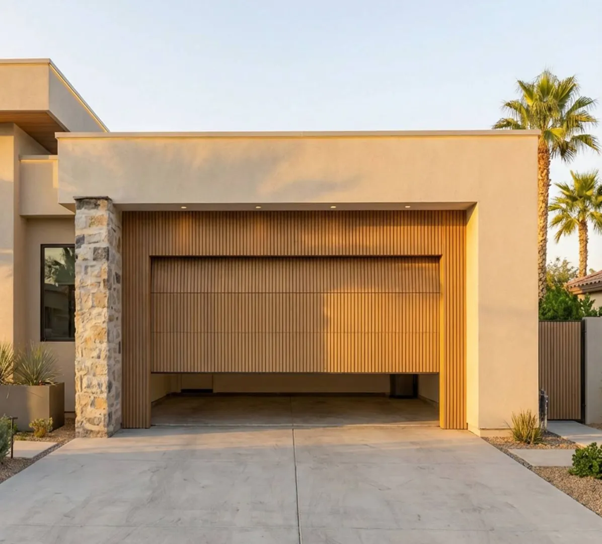 Ventilación exterior de la fachada de villas modernas: Puertas de garaje con rejillas de aluminio imitación madera lideran la evolución estética en la industria de puertas residenciales.